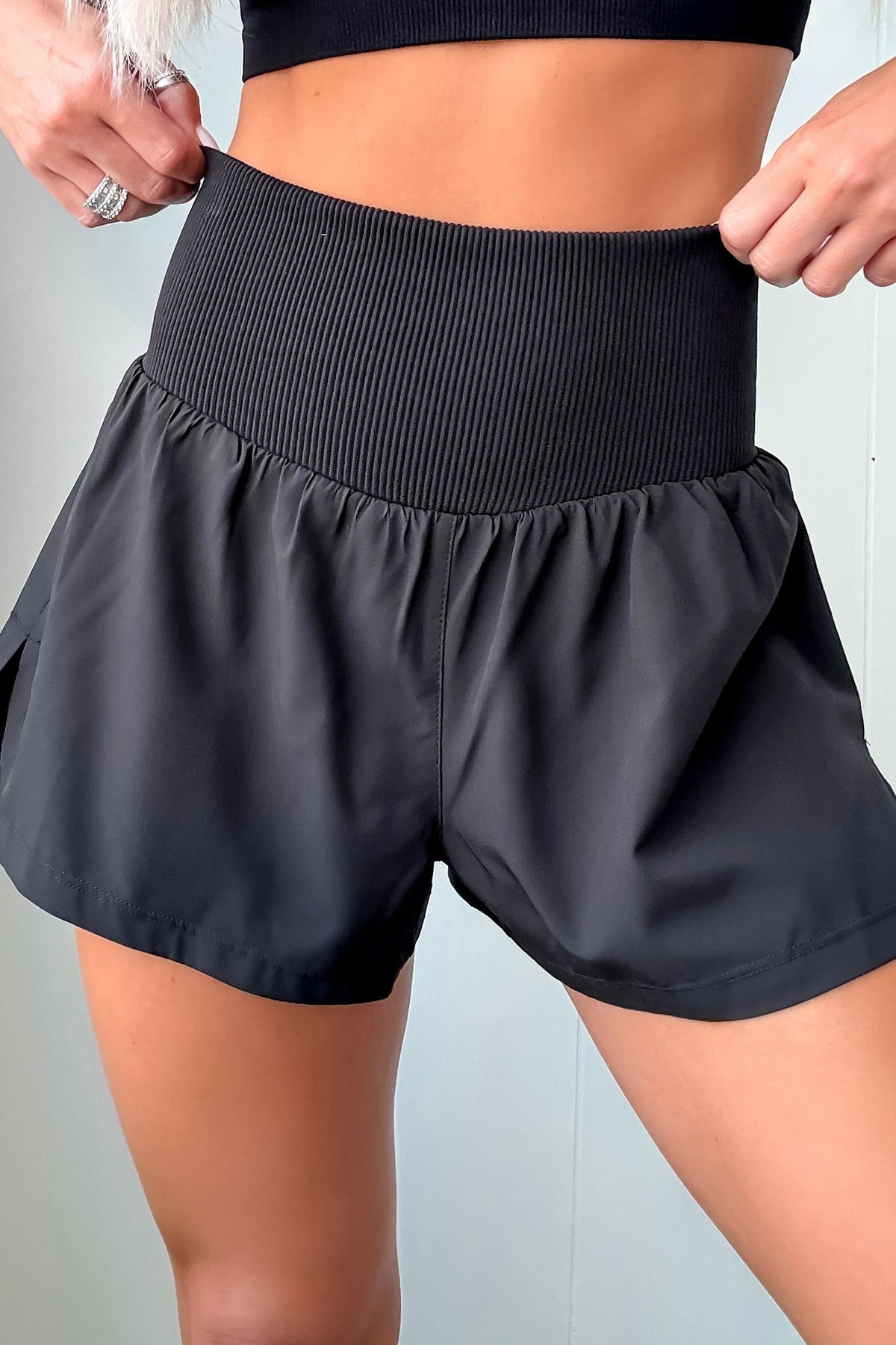 Black Solid Ribbed Patchwork High Waist Athletic Shorts