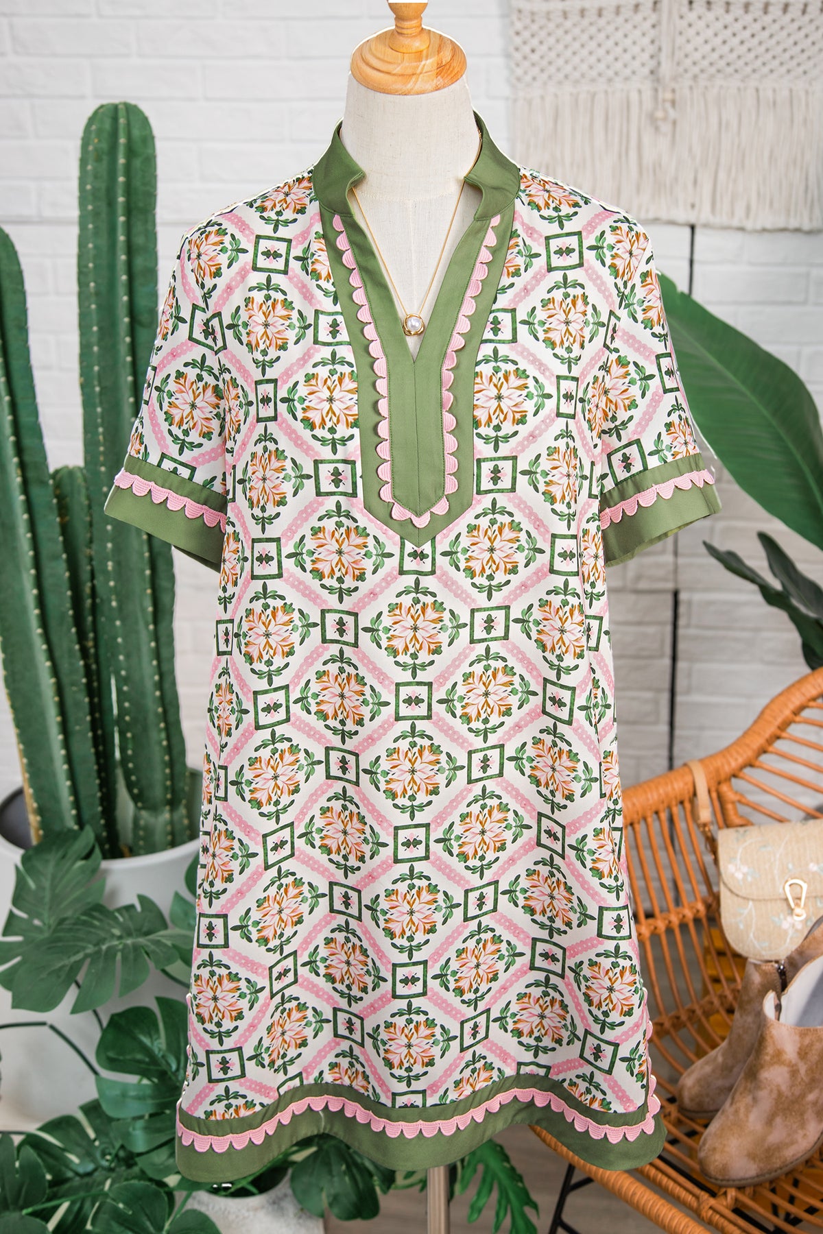 Multicolour Boho Geometric Flower Print Short Sleeve Mini Dress