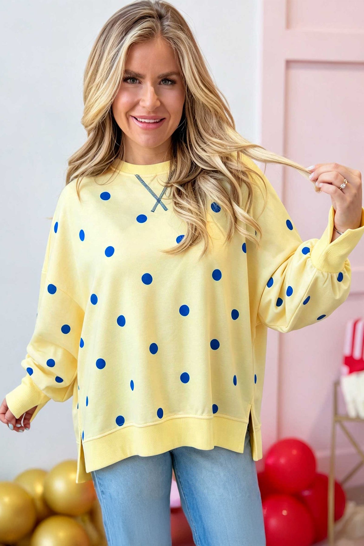 Yellow Polka Dot Long Sleeve Split Hem Pullover Top