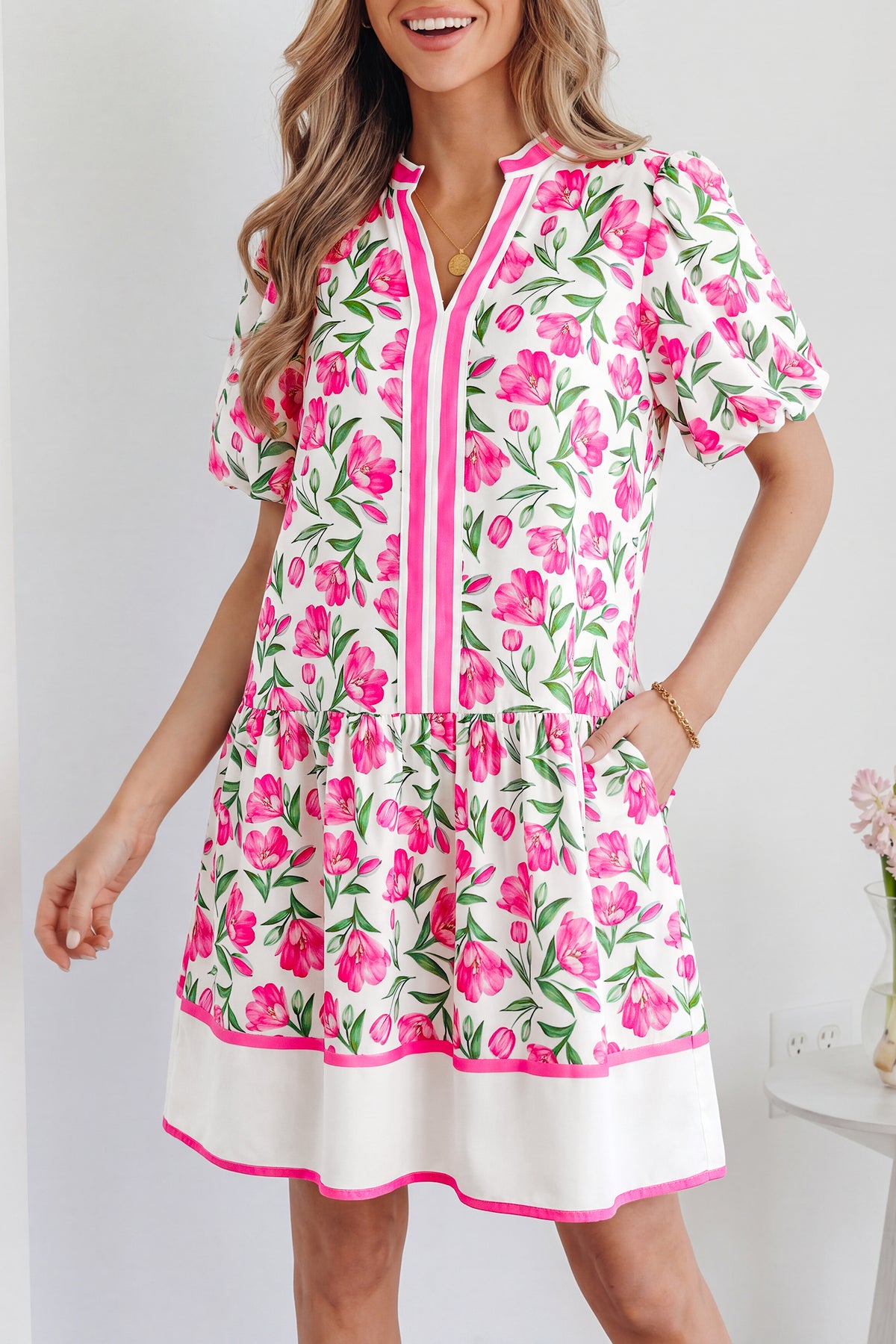 Multicolour Floral Print Striped Color Block Trim Short Dress