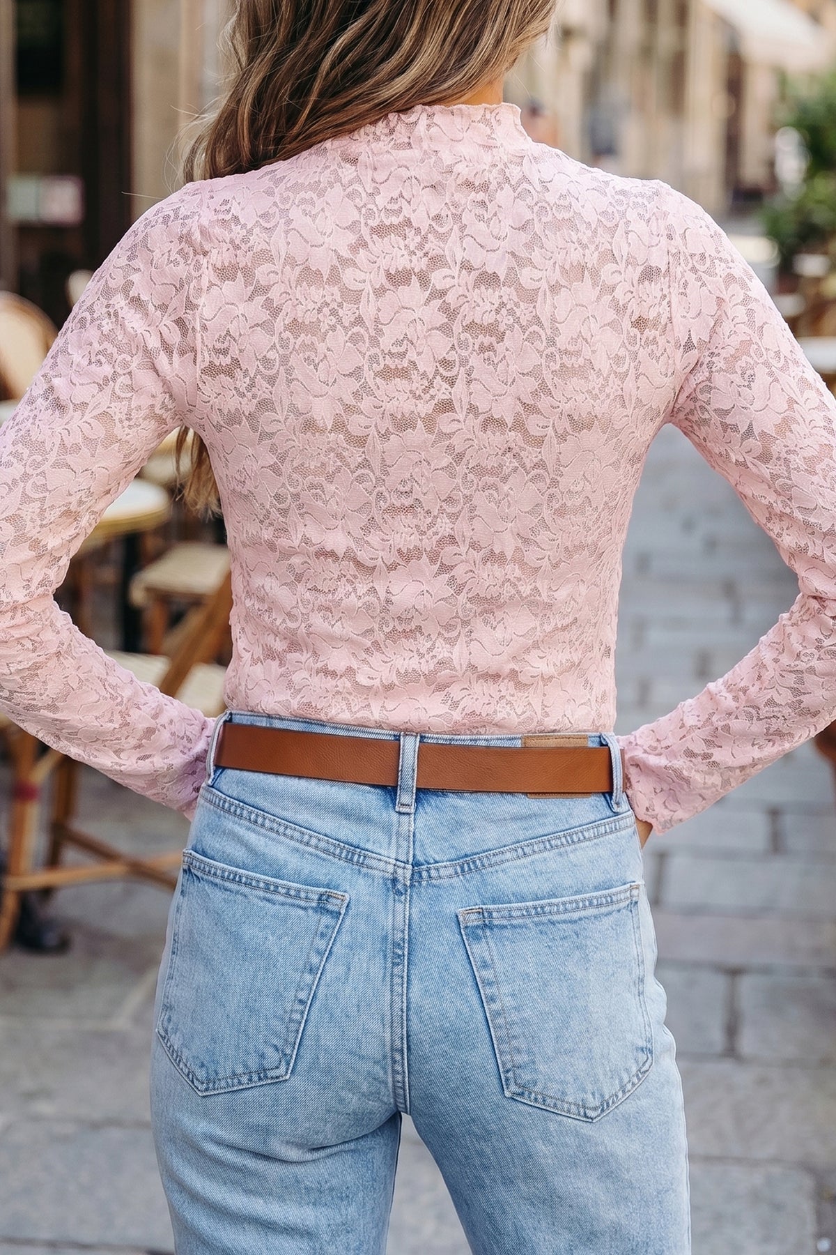 Light Pink Floral Lace Stand Neck Pullover Top