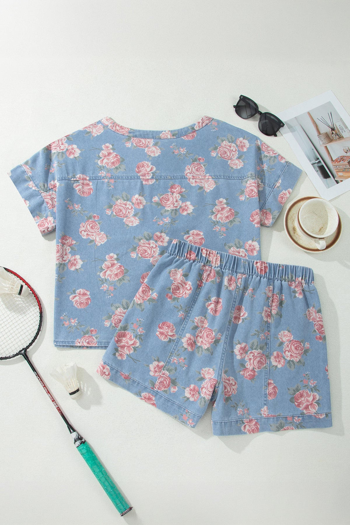 Women's Sky Blue Floral Denim Short-Sleeve Top Loose Shorts Two-Piece Set