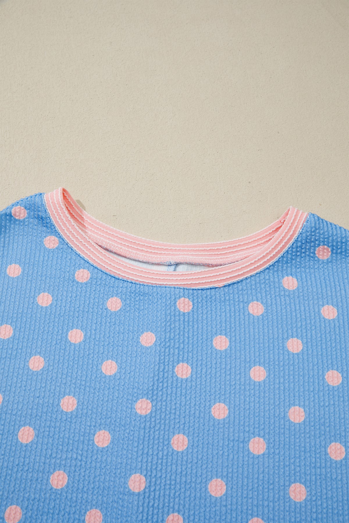 Sky Blue Raised Rib Polka Dot Print Cuffed Short Sleeve Top