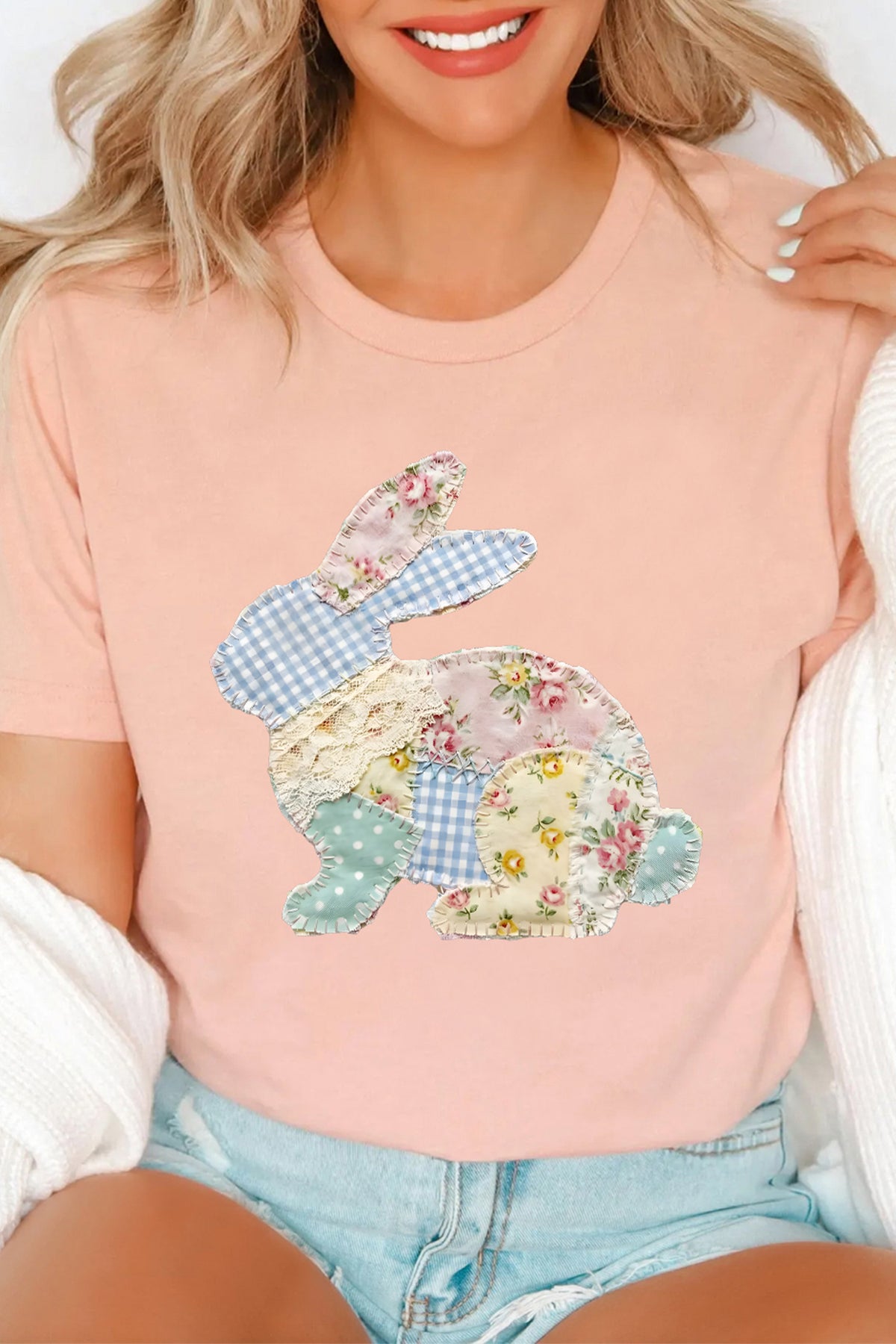 Pink Vibrant Easter Bunny Patchwork Printed T-Shirt
