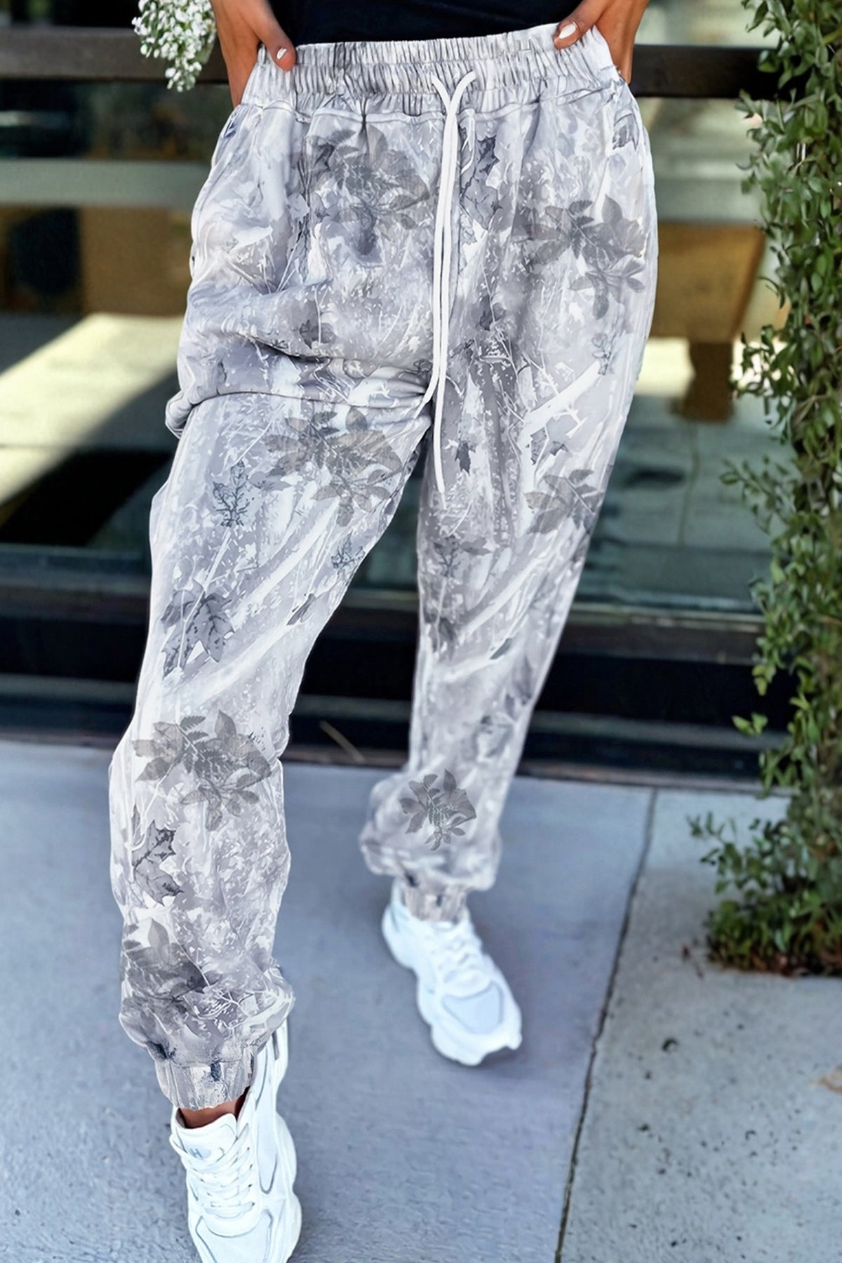 Gray Camo Print Cozy Drawstring Elastic Waist Jogger Pants
