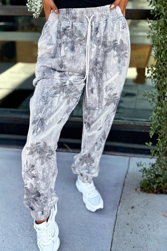 Gray Camo Print Cozy Drawstring Elastic Waist Jogger Pants