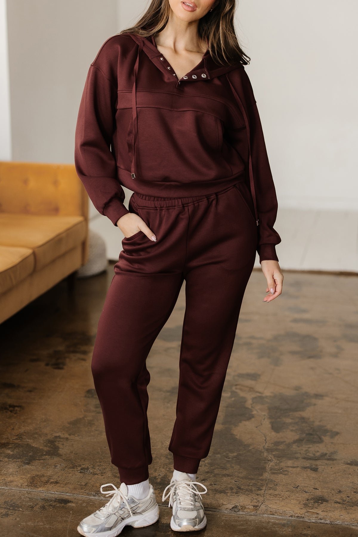 Women's Chicory Coffee Button Cropped Hoodie Jogger Two-Piece Set