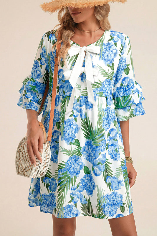 Blue Floral Ruffle Bow Mini Dress