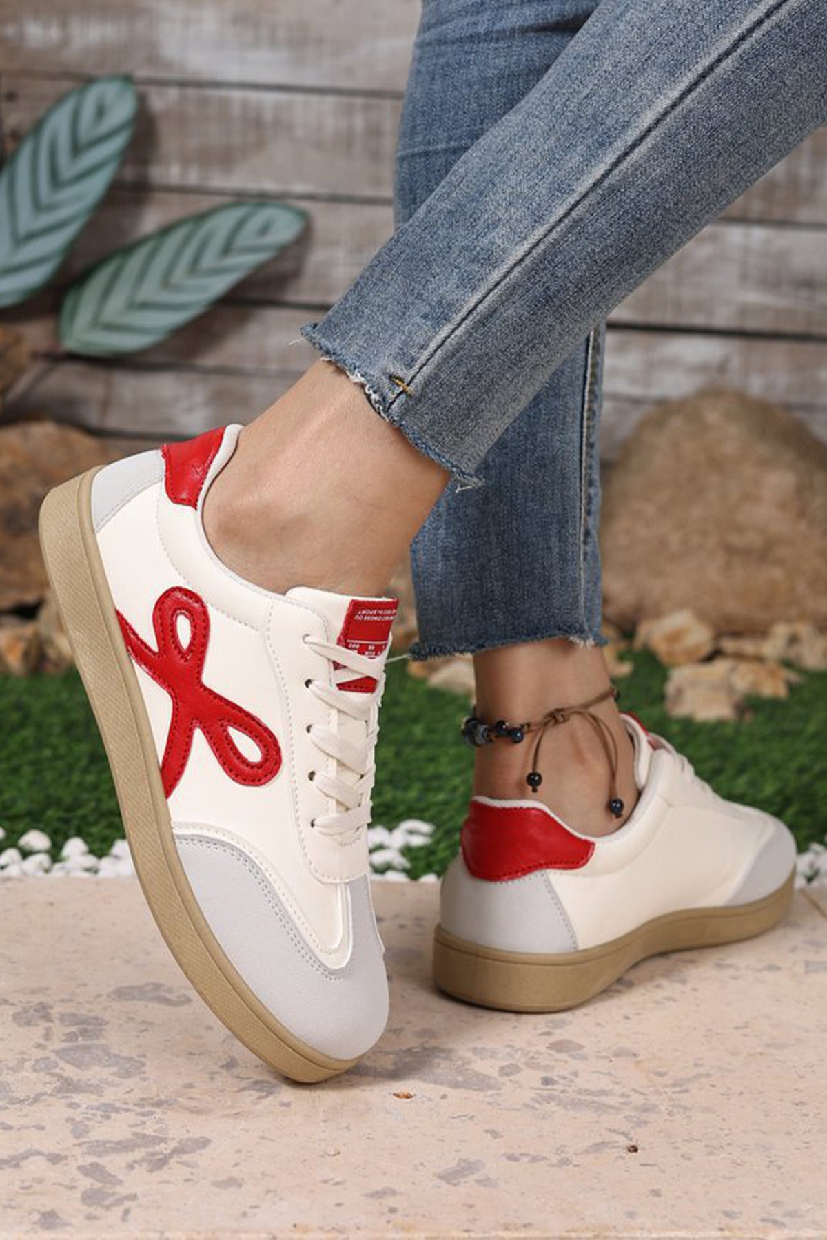 Fiery Red Bow Patch Color Block PU Leather Sneakers