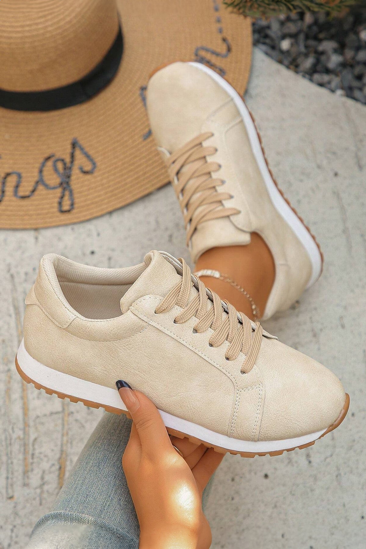 Beige Faux Suede Lace-up Sneakers