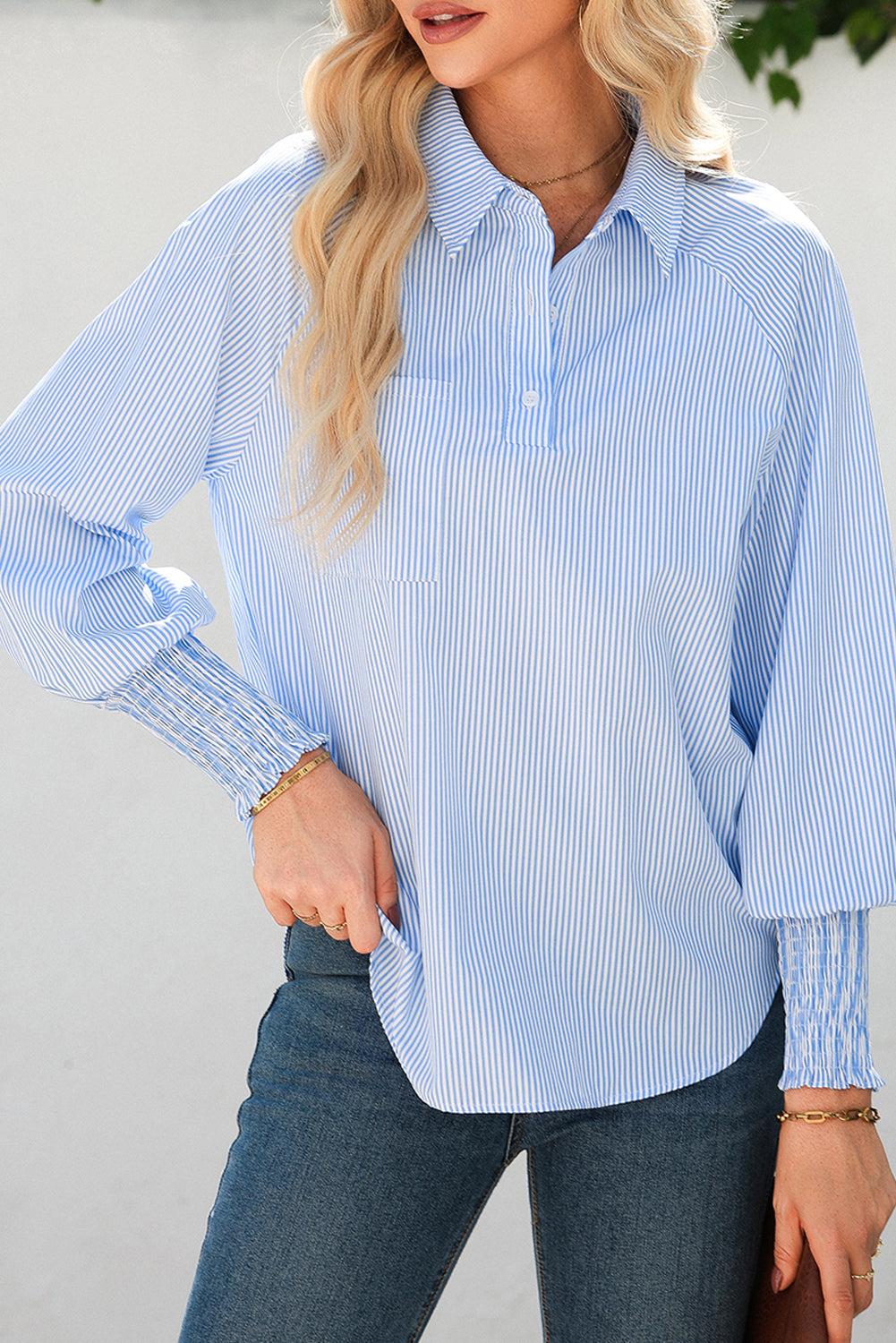 Sky Blue Stripe Pinstripe Smocked Cuffs Button Blouse