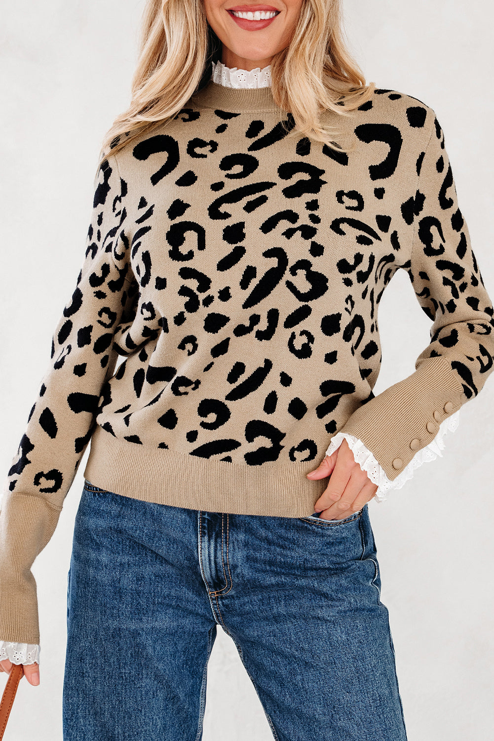 Dearlovers Brown Leopard Pattern Lace Ribbed Detail Button Cuffed Sweater