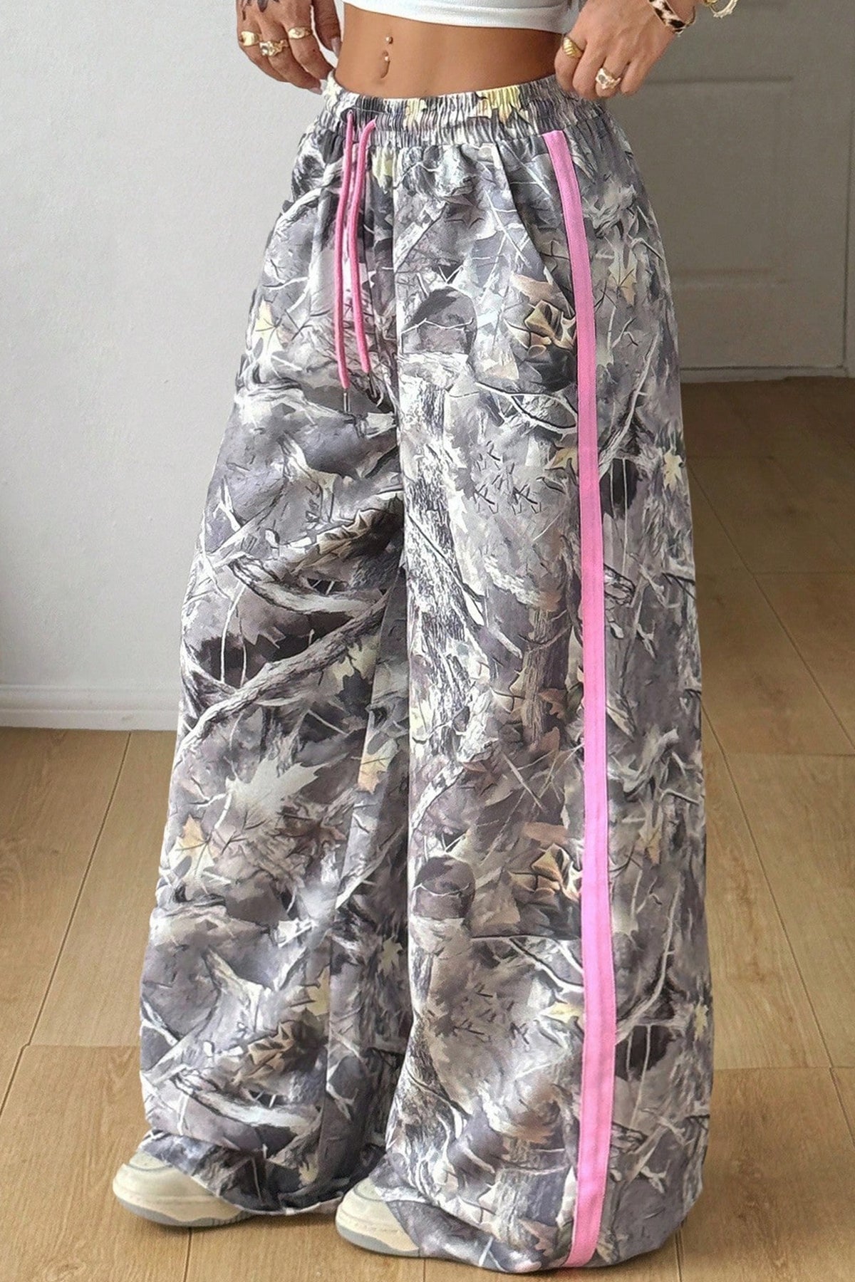 Gray Camo Woodland Print Color Block Drawstring Wide Leg Sweatpants