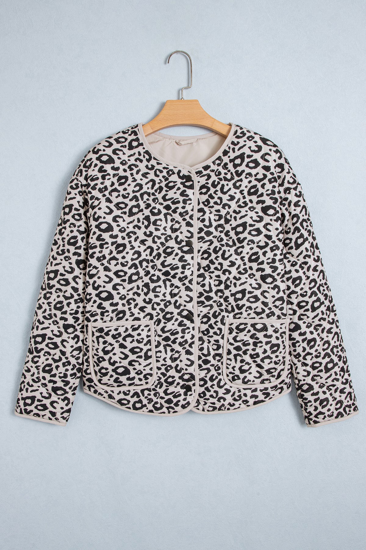 Khaki Leopard Print Patch Pockets Binding Tape Long Sleeve Jacket