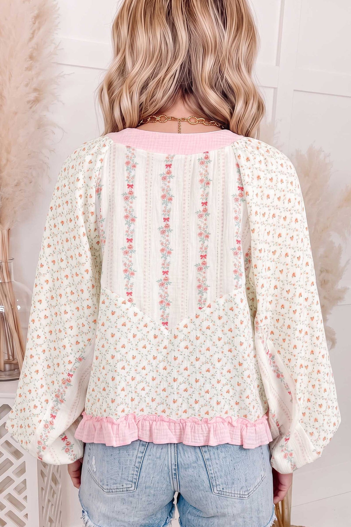 Beige Floral Print Color Block Trim Lace-up V Neck Blouse