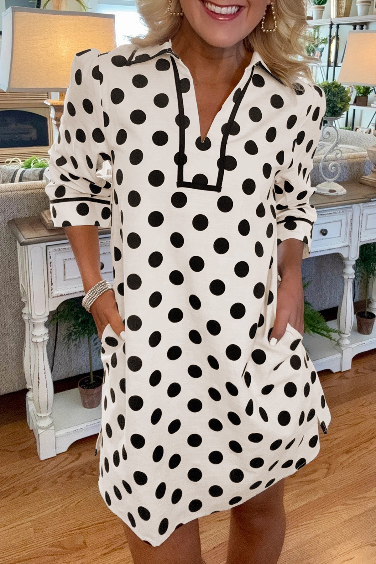 White Polka Dot Half Sleeve Collar V Neck Pocketed Mini Dress