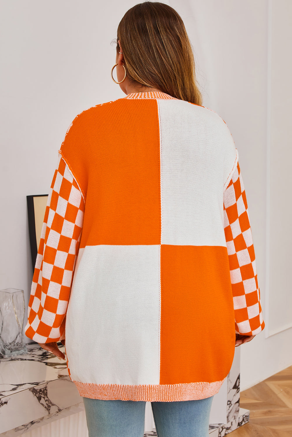 Orange Plus Size Checkered Bubble Sleeve Drop-Shoulder Open Cardigan