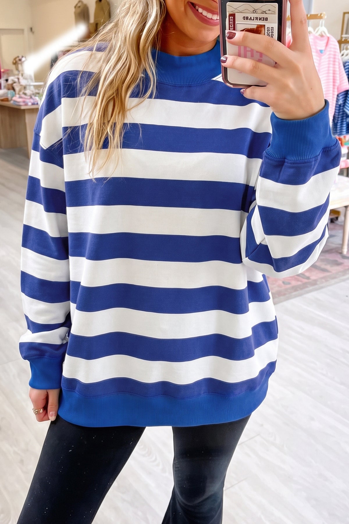 Orange Stripe Colorblock Mock Neck Sweatshirt
