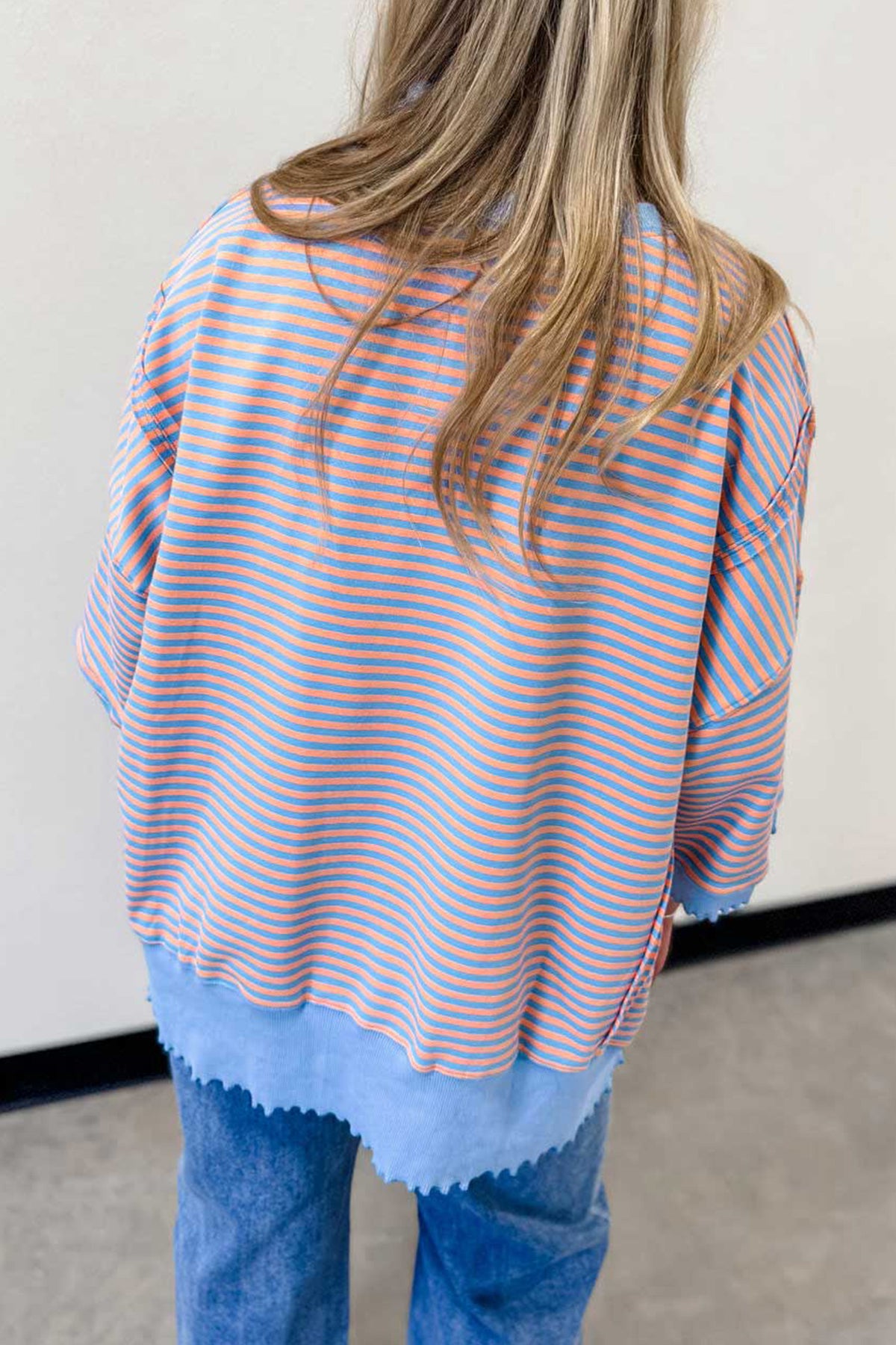 Sky Blue Stripe Colorblock Scalloped Trim 3/4 Sleeve Top