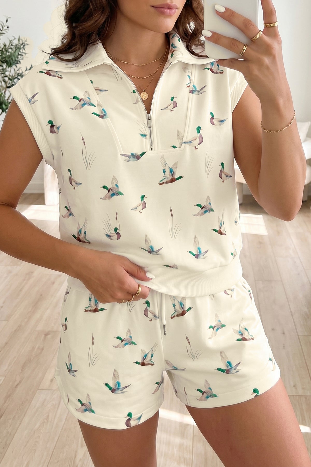 Women's Beige Mallard Printed Zip Polo Tee Drawstring Shorts Set
