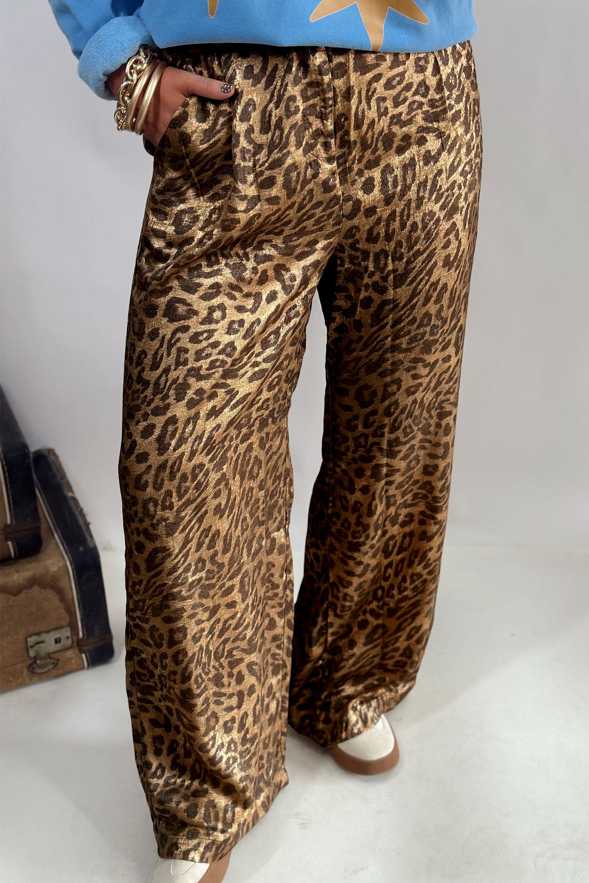 Multicolour Leopard Print Western Style Wide Leg Full-Length Pants