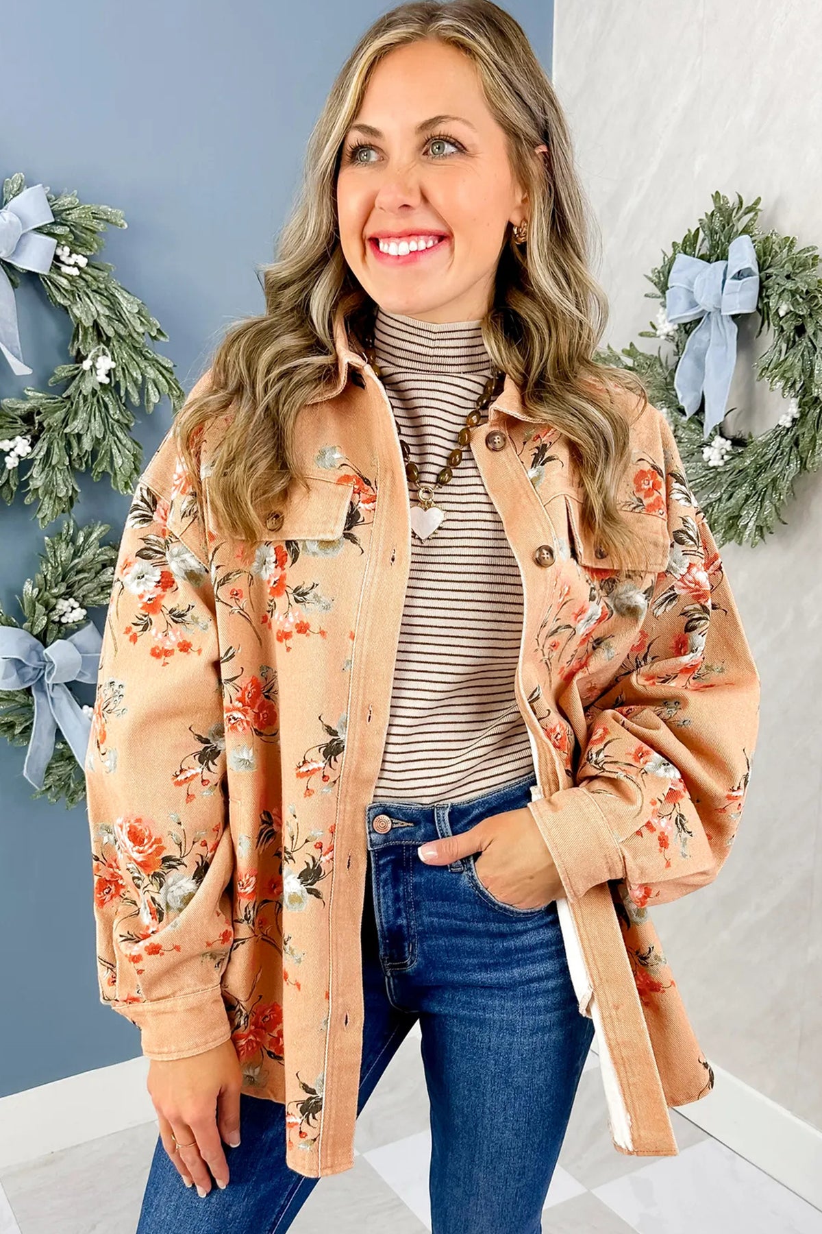 Khaki Floral Print Long Sleeve Denim Jacket Tunic Length Daily Wear