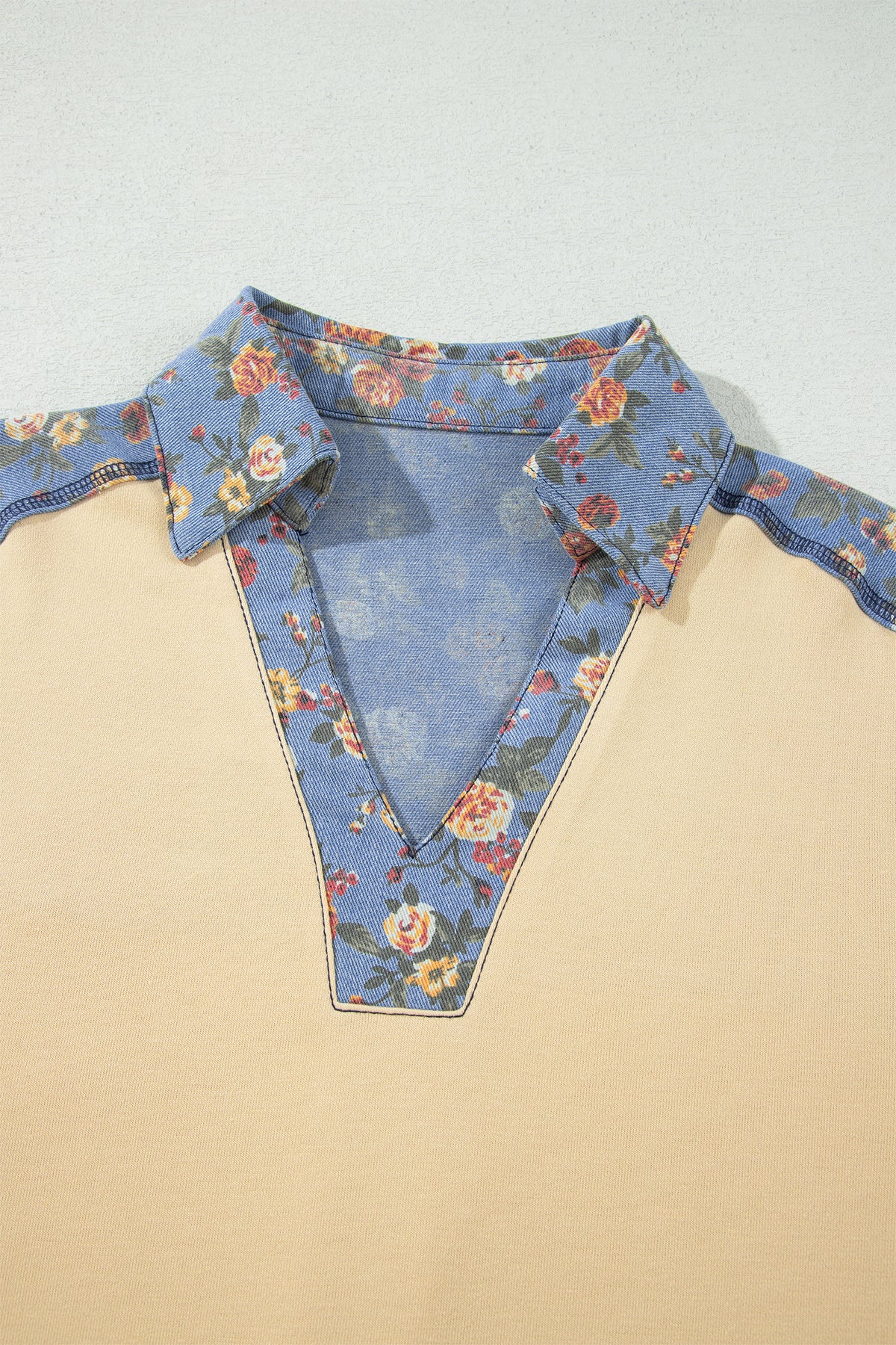 Apricot Floral Denim Patchwork Collar V Neck Top