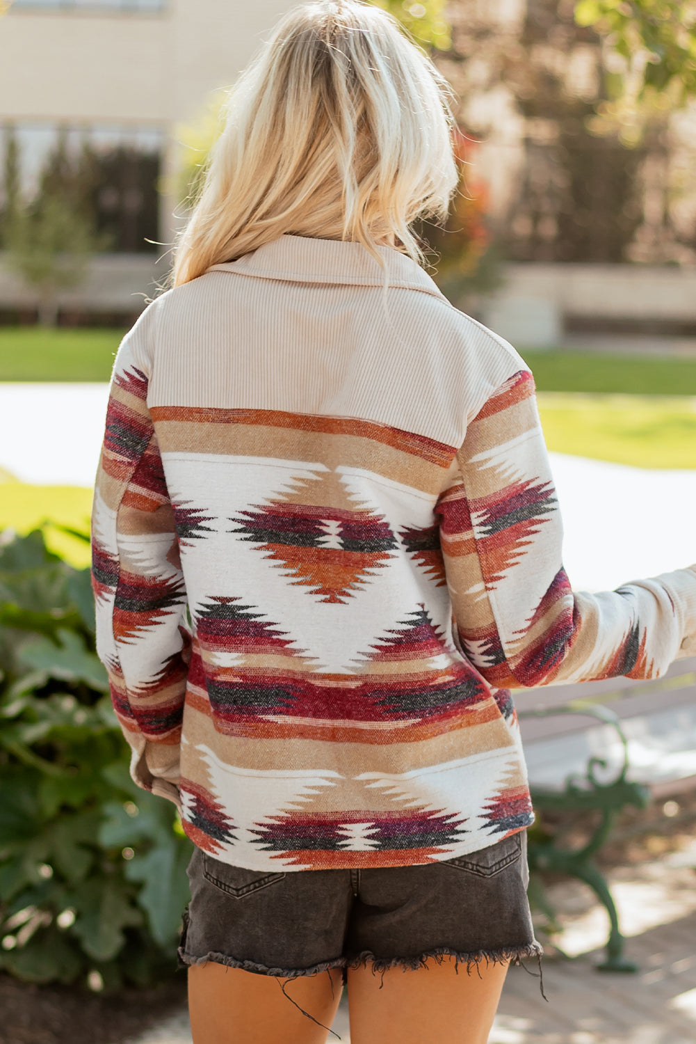 Multicolour Western Aztec Ribbed Double Flap Pocket Raw Hem Shacket