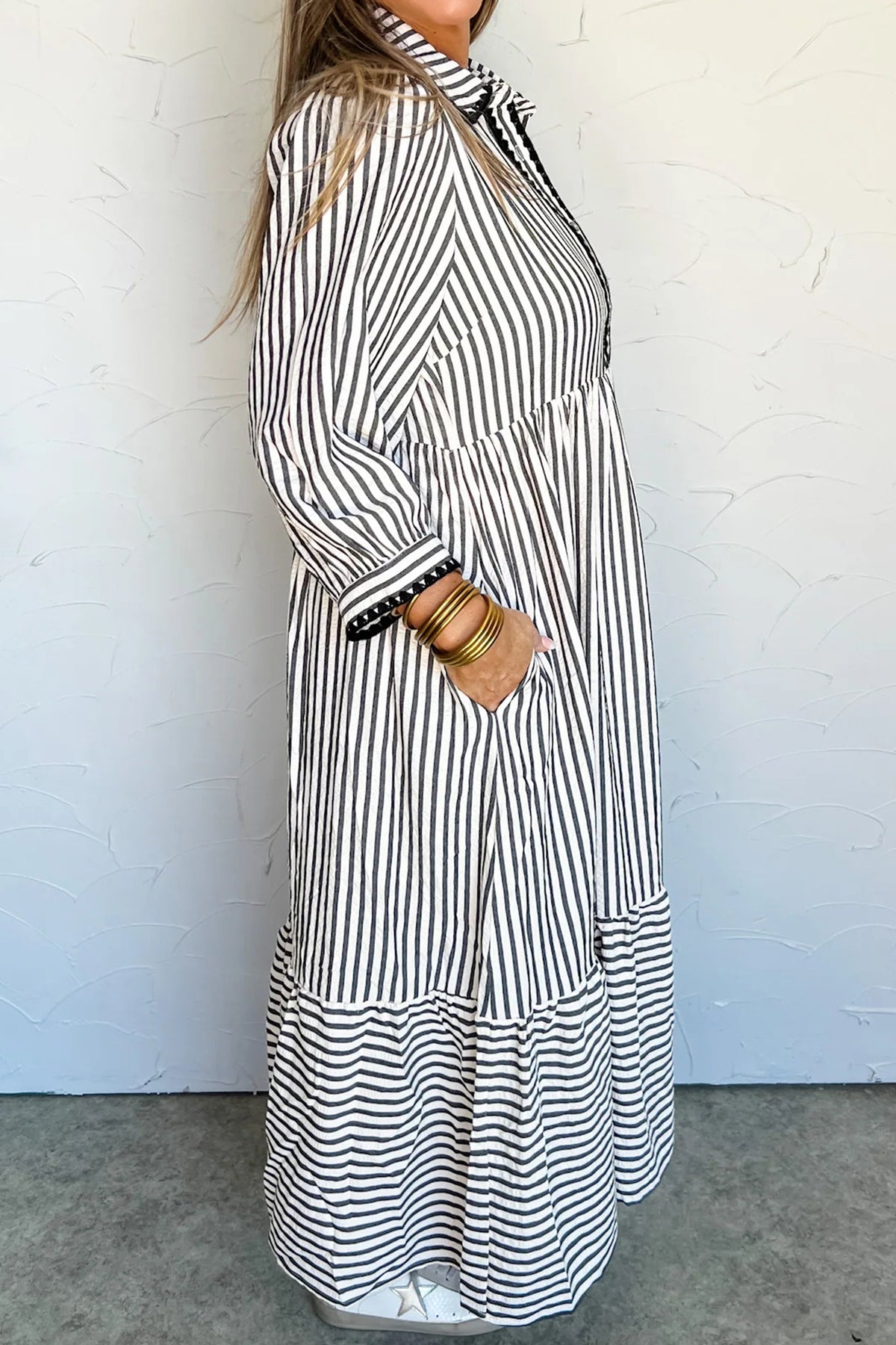 Black Stripe Scallop Trim Shirt Collar Half Button 3/4 Sleeve Long Dress