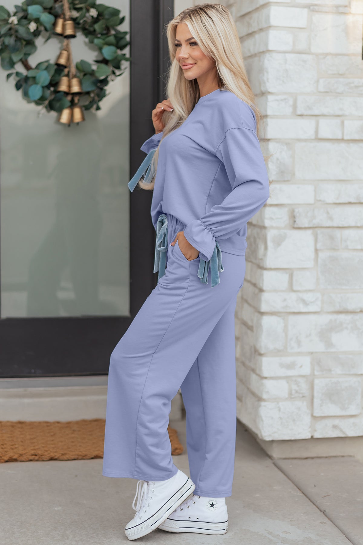 Beau Blue Flounce Long Sleeve Top Drawstring Pants Contrast Velvet Bow Lounge Set