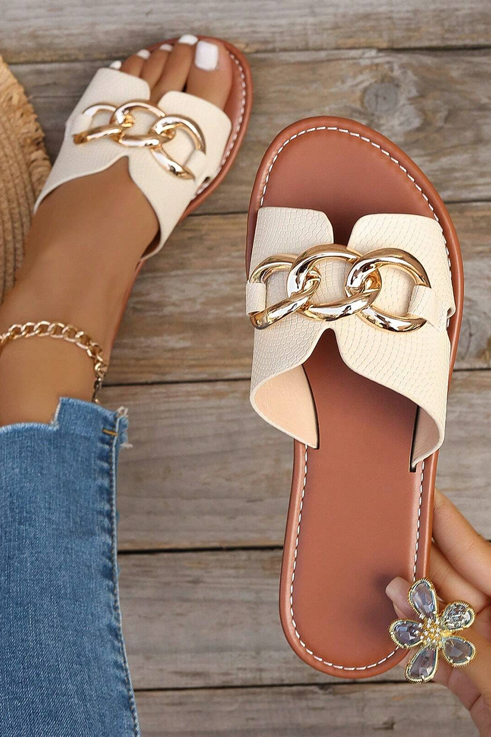 White Metal Decor Cutout PU Leather Flat Sandals