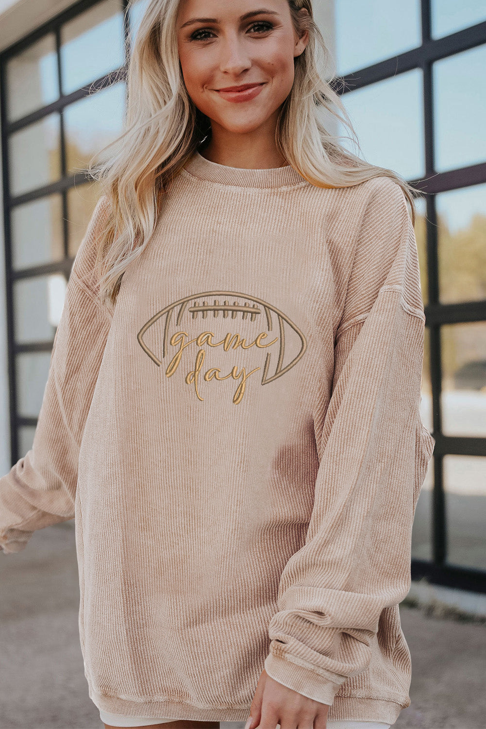 Apricot Rugby Game Day Embroidered Corduroy Sweatshirt