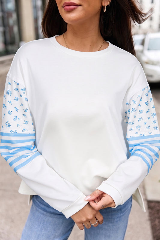 Beige Floral Striped Contrasted Pullover Top