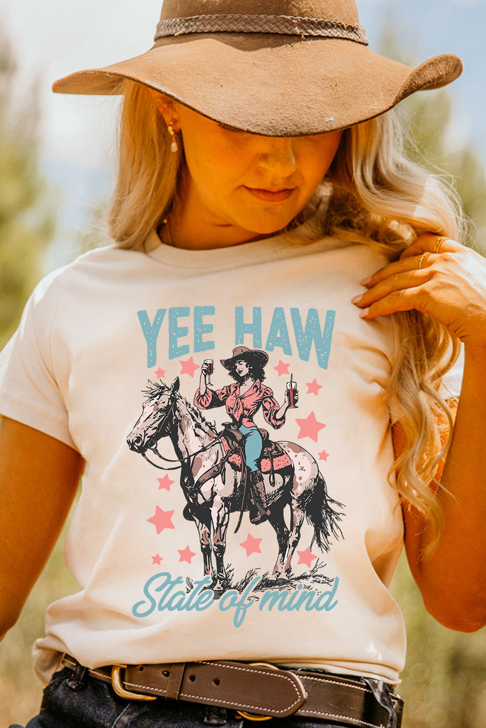 White YEE HAW State of mind Cowgirl Graphic Western Fashion Tee
