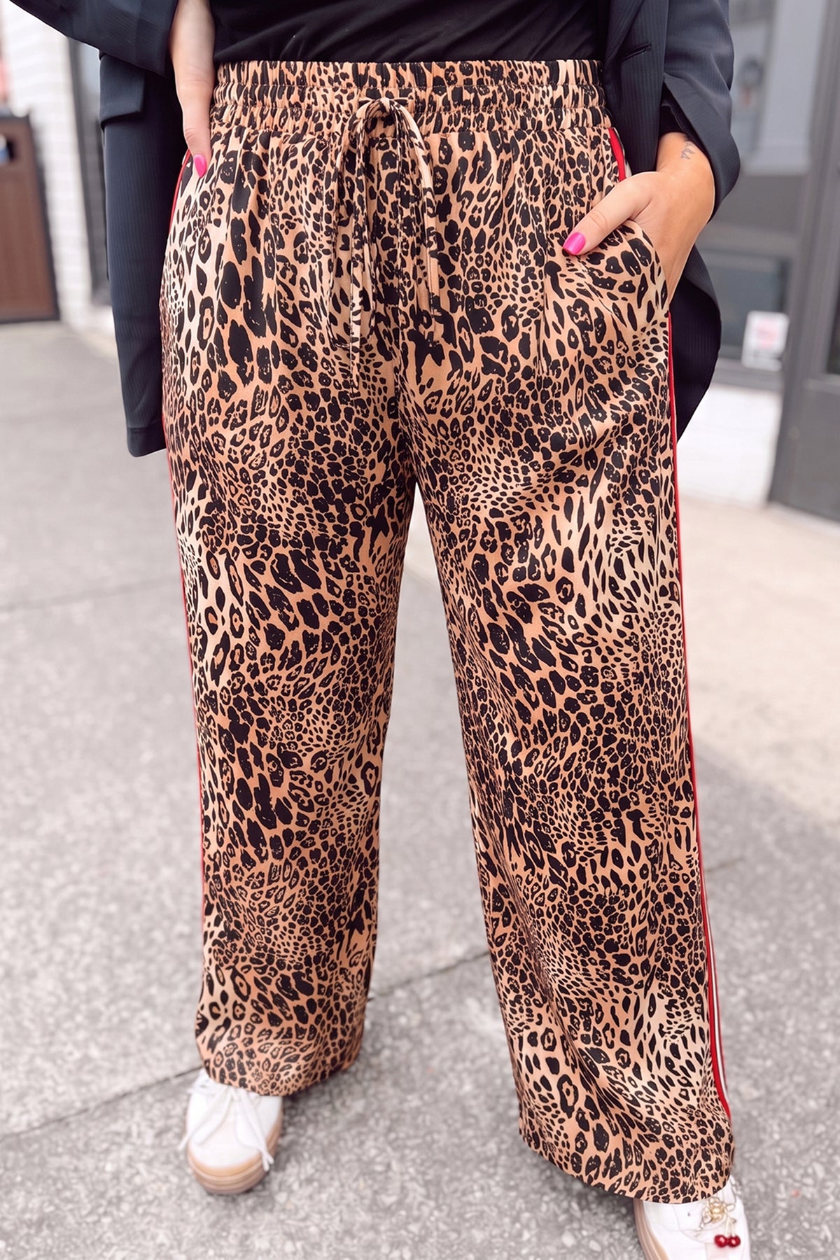 Khaki Leopard Print Color-Block Side Stripes Wide-Leg Full-Length Plus Size Pants