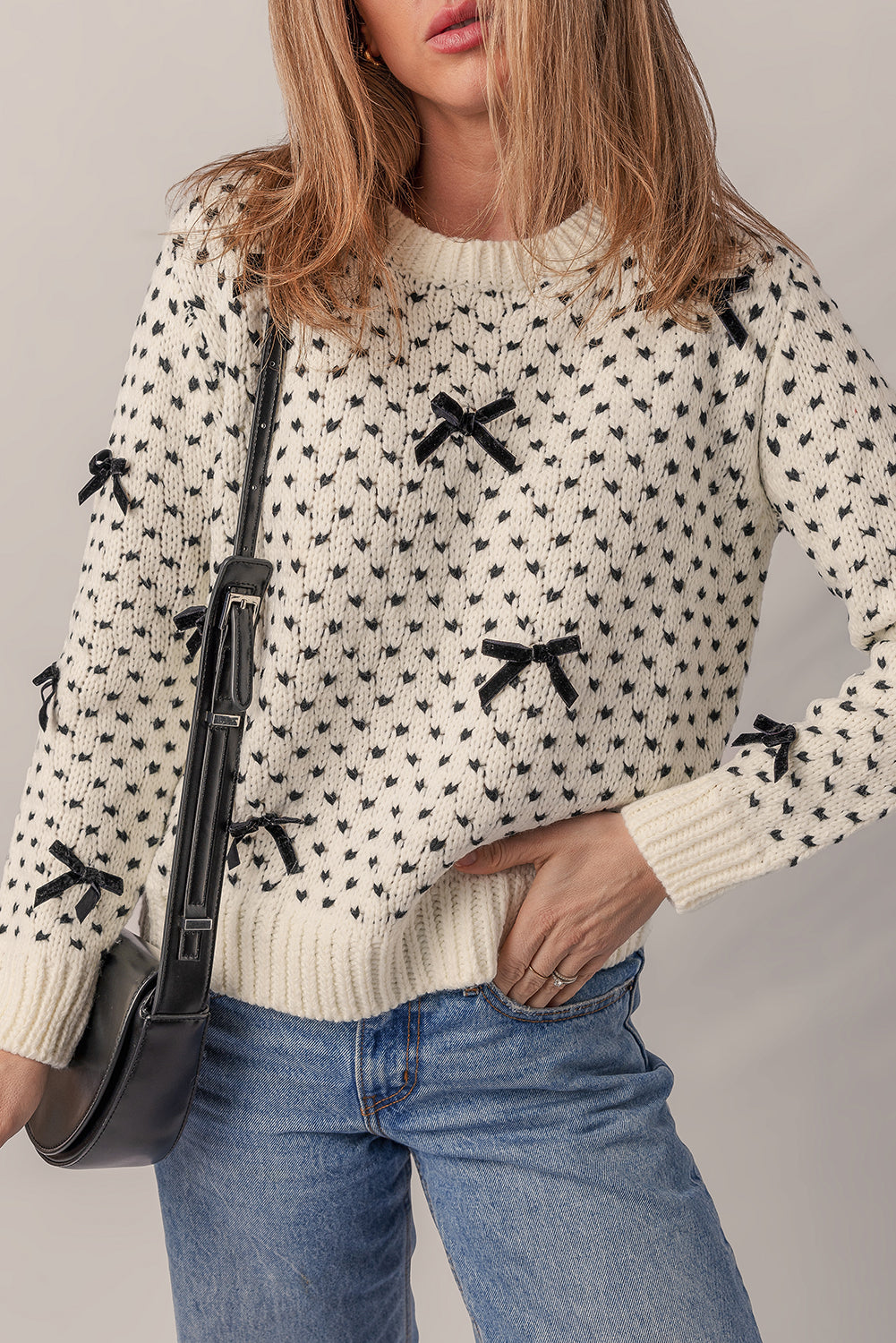 Beige Bow Decor Color Contrast Ribbed Edge Crew Neck Sweater