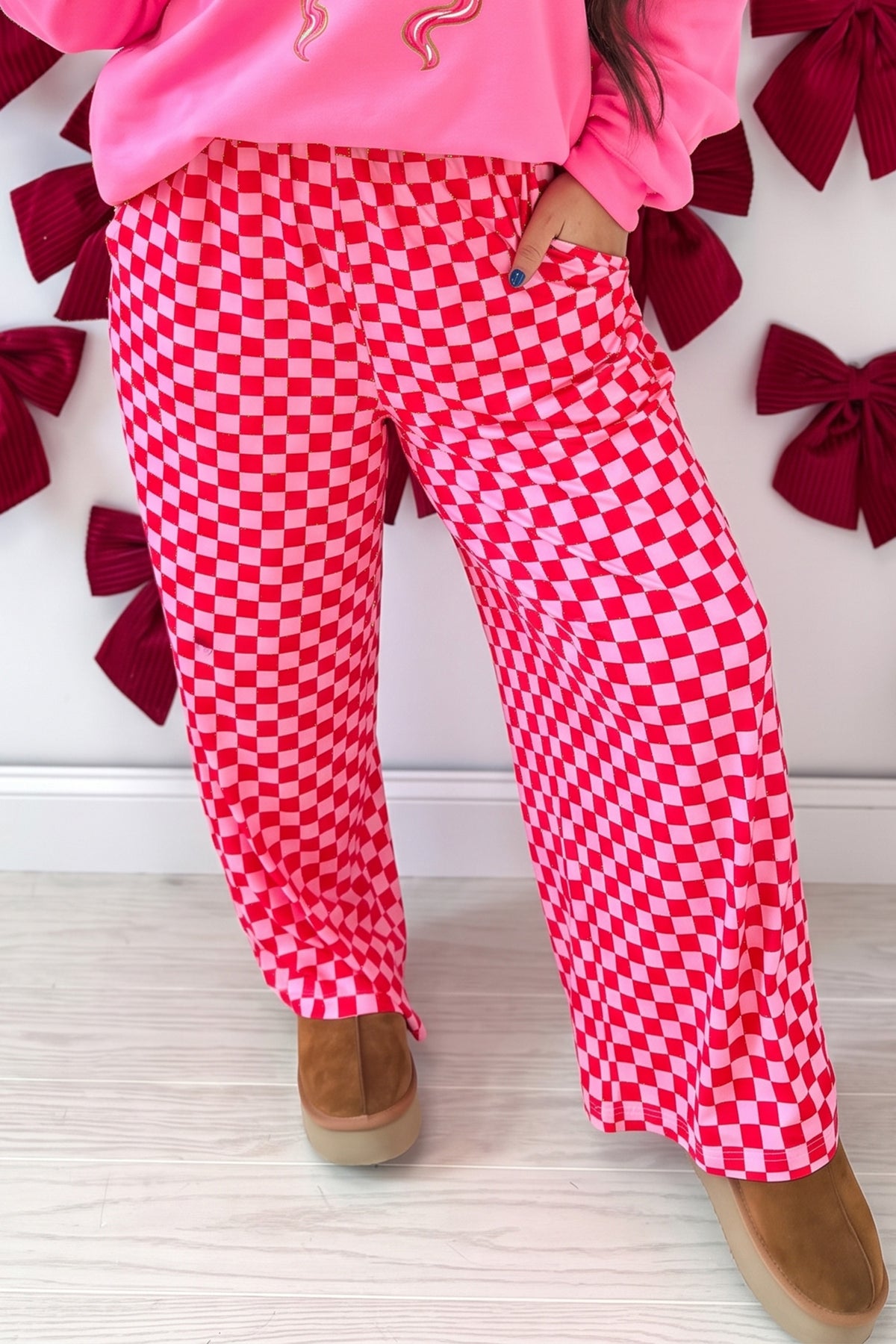 Pink Plus Size Checkered Loose Casual Pants