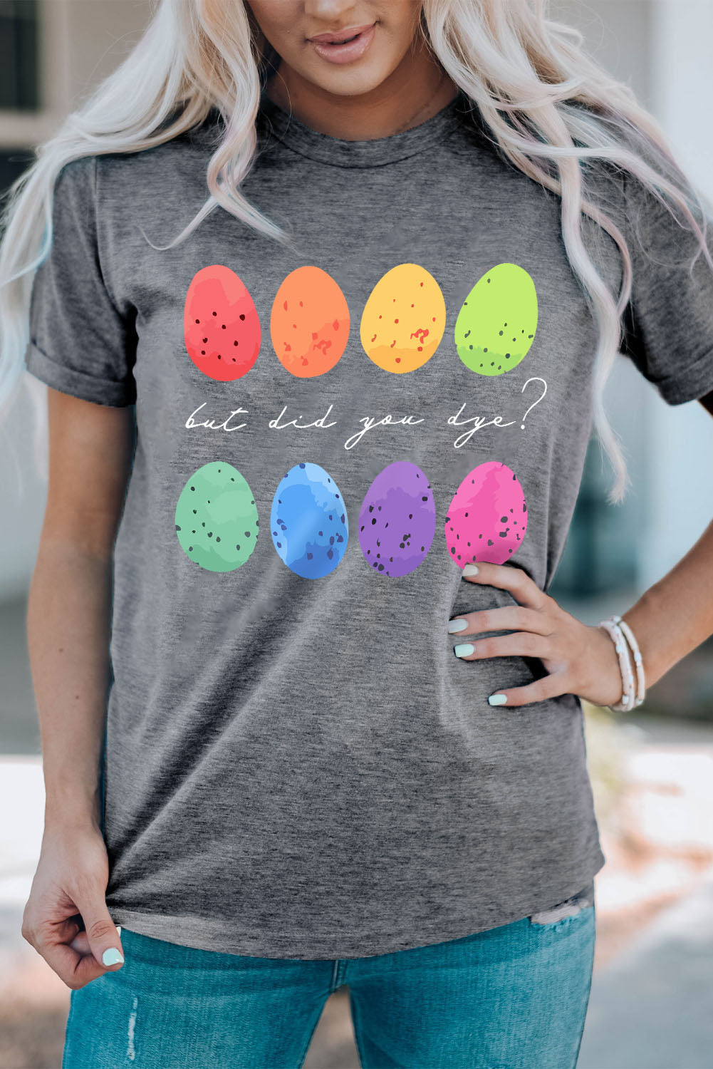 Gray Easter Eggs Print Crew Neck T-Shirt
