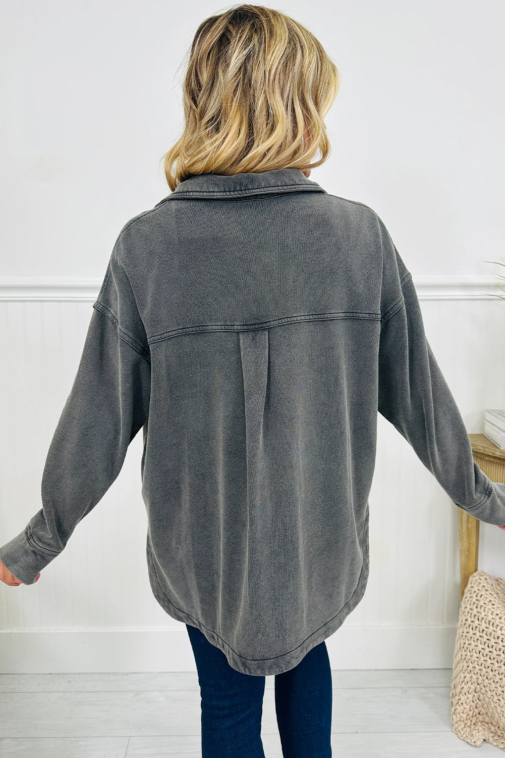 Medium Grey Mineral Wash Chest Pockets Shacket with Side Slit