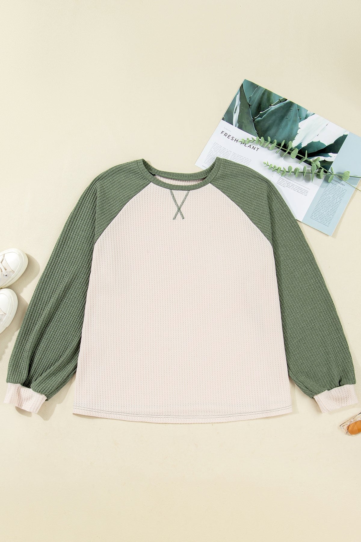 Mist Green Plus Size Waffled Color-Block Long-Sleeve Top