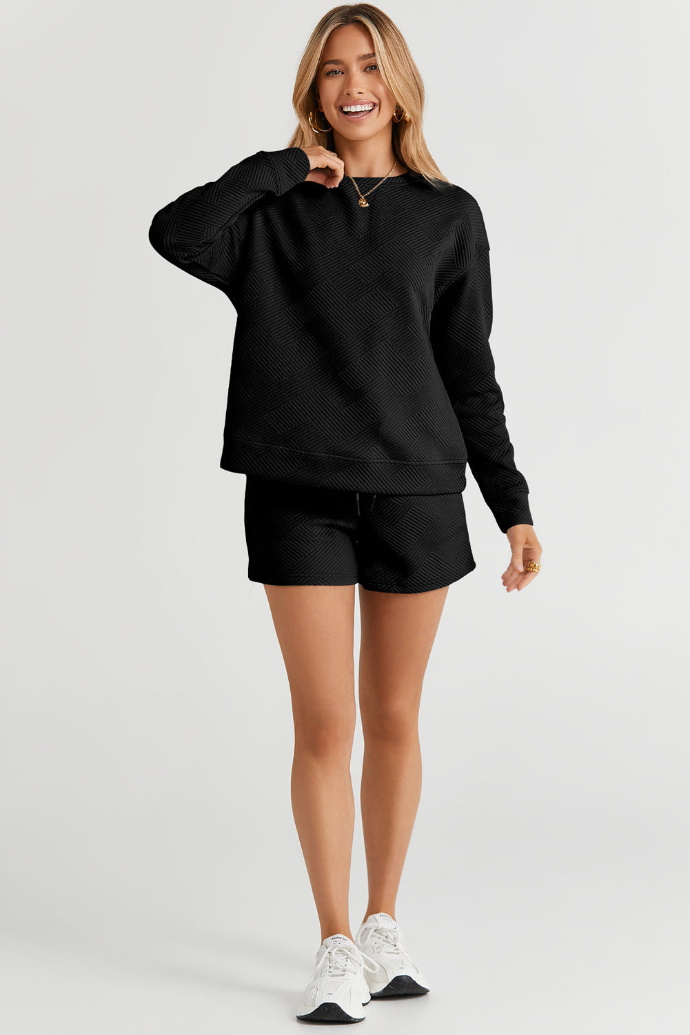 Women's Black Textured Long-Sleeve Top & Shorts Set