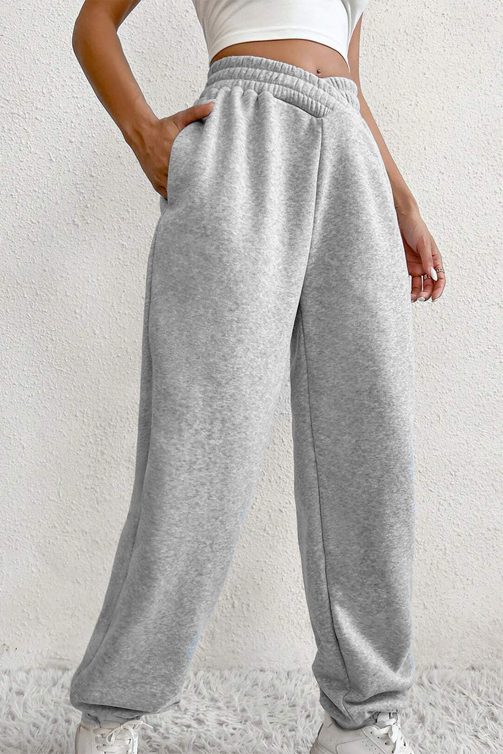 Light Grey Solid Crisscross Elastic Waist Sweatpants