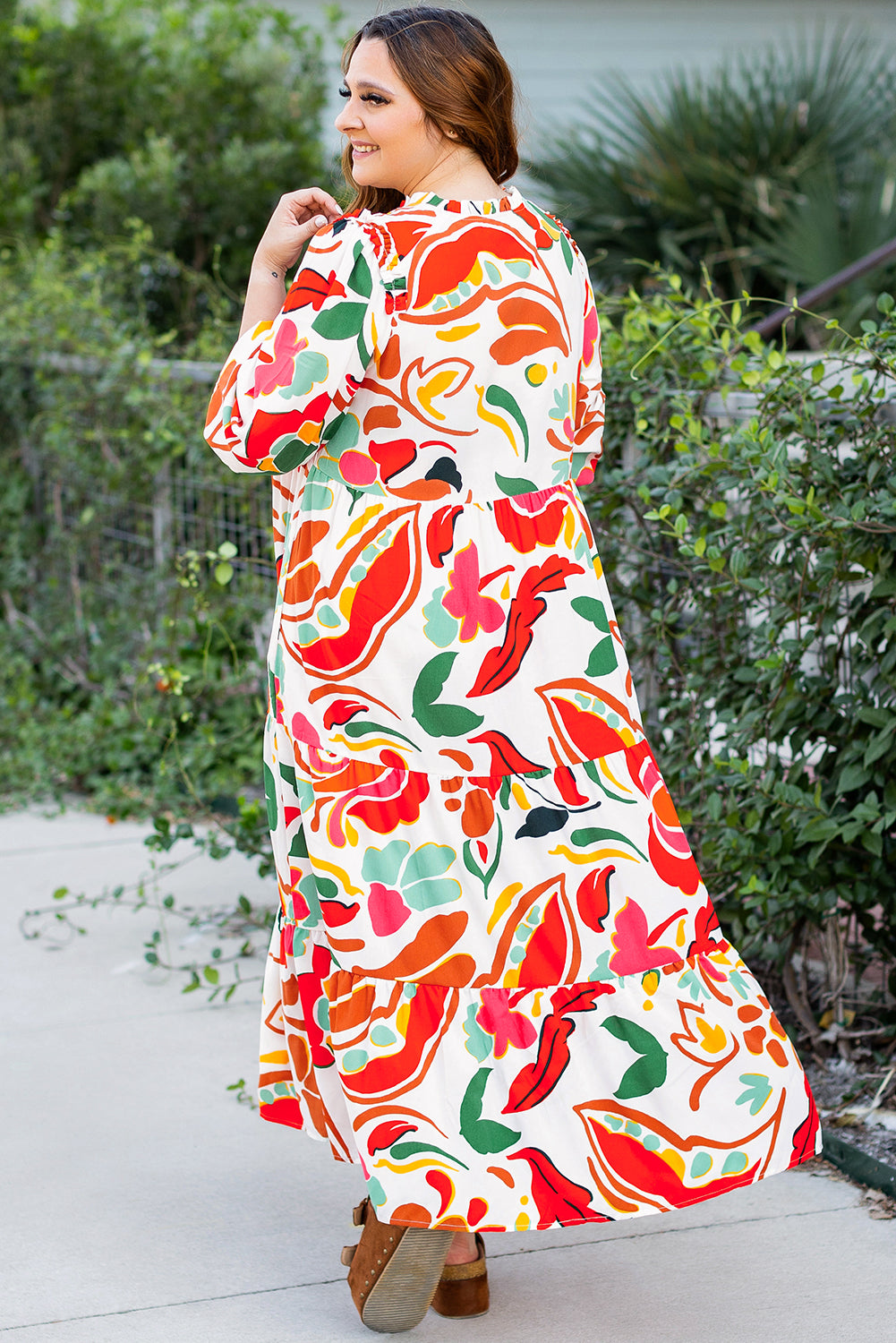 Orange Floral Print Drawstring V-Neck Tiered Plus Size Dress