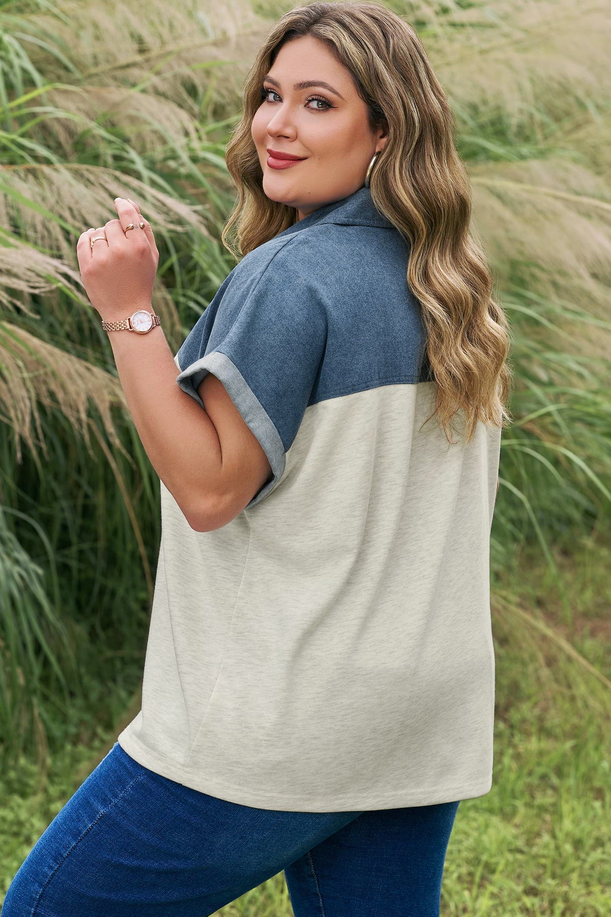 Light Grey Half Buttons Collared Denim Patchwork Plus Short-Sleeve Top