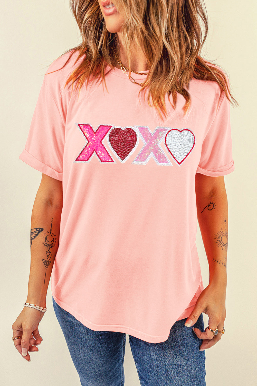 Pink Sequin Heart XOXO Patched Graphic Valentines T-Shirt