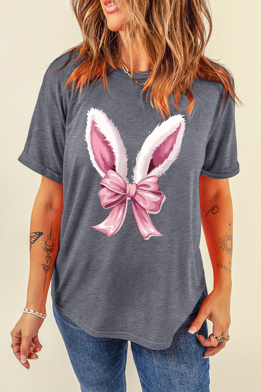 Gray Bunny Ear Bow Printed Easter Fashion T-Shirt