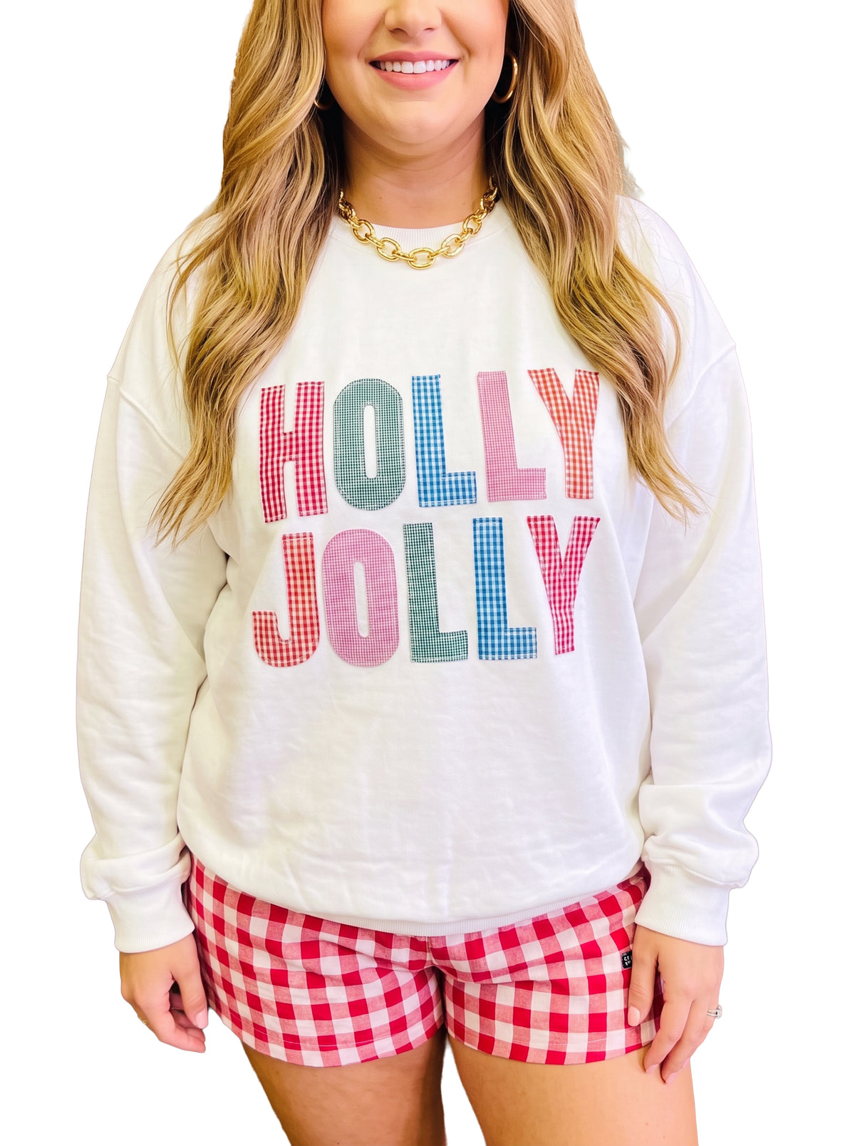 White HOLLY JOLLY Gingham Plus Size Christmas Sweatshirt