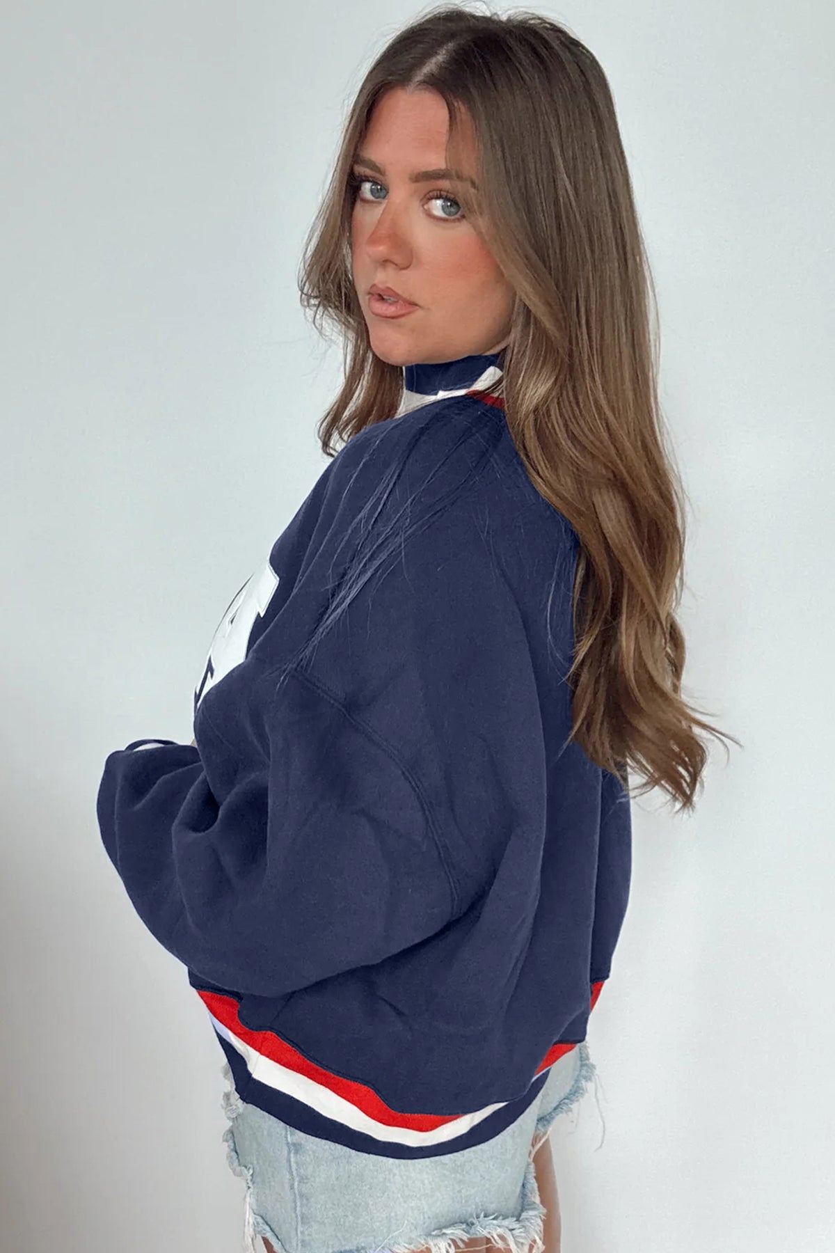 Dirty blue USA Slogan Patch Embroidery High Neck Sweatshirt