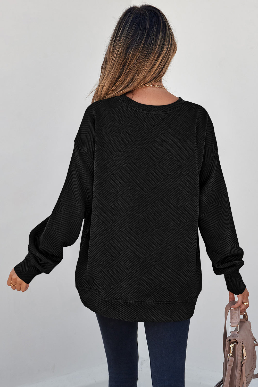White Solid Color Textured Round Neck Sweatshirt