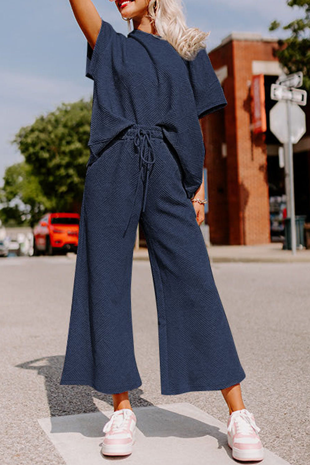 Red Dahlia Textured Loose Fit T Shirt and Drawstring Pants Set